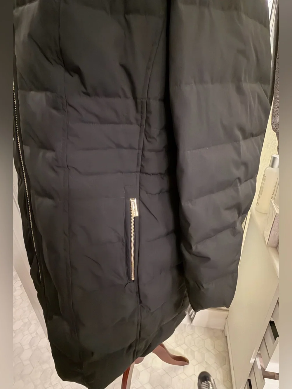 Michael Kors Black Quilted Long Puffer Coat with Fur-Trim Hood size 1X NWT
